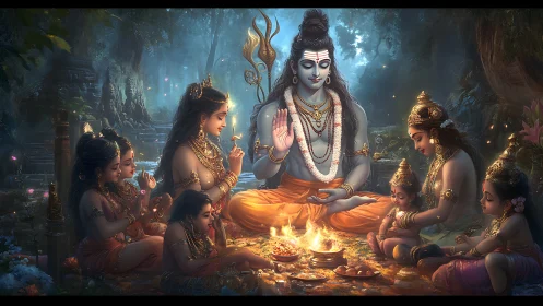 Hindu deities sit in ritual circle around central fire pit