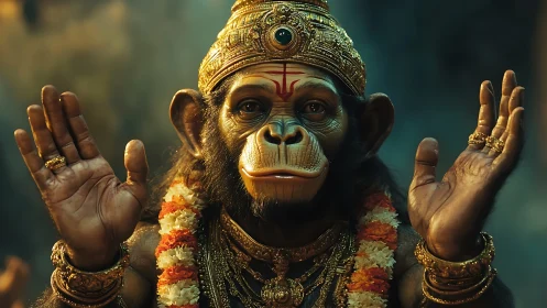 Regal monkey deity portrait in ornate ceremonial finery.