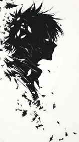 Silhouette of fragmented male profile dissolving into shapes