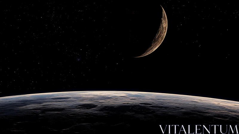 Crescent planet hanging over silent cloud-wrapped horizon.