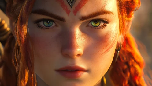 Focused red haired warrior girl in detailed closeup portrait.