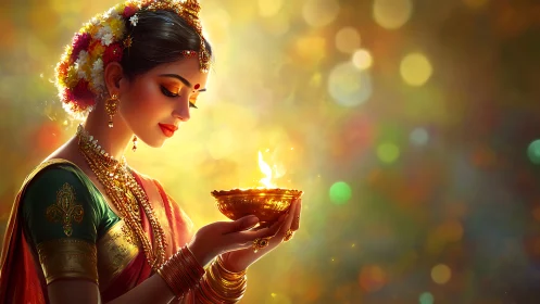 Woman in traditional Indian attire holding glowing diya lamp