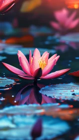 Midnight lotus stretches upward through neon-tinted ripples