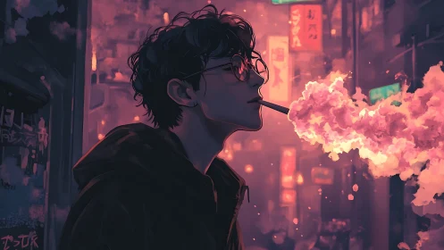 Young smoker exhales neon clouds in moody cyberpunk alley