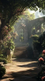 Sunlit stone staircase leads into a secluded secret garden