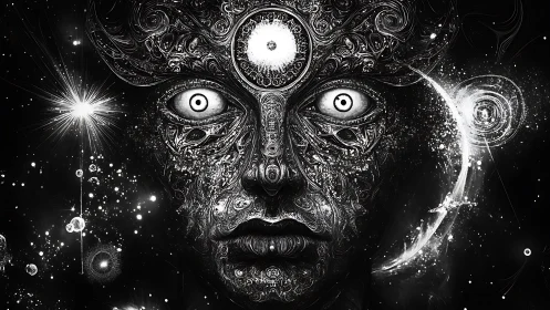Monochrome cosmic face with intricate abstract patterns.