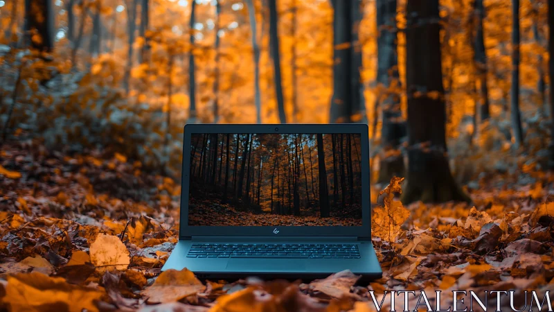 Laptop on autumn forest floor with matching screen scene.