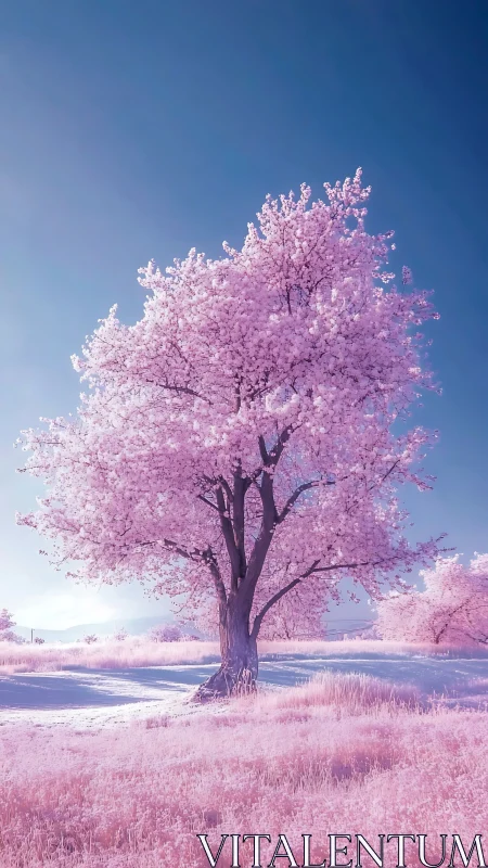 Pastel cherry tree landscape in ethereal digital painting style.