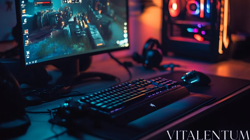 RGB-lit gaming PC setup with monitor, keyboard, and mouse.