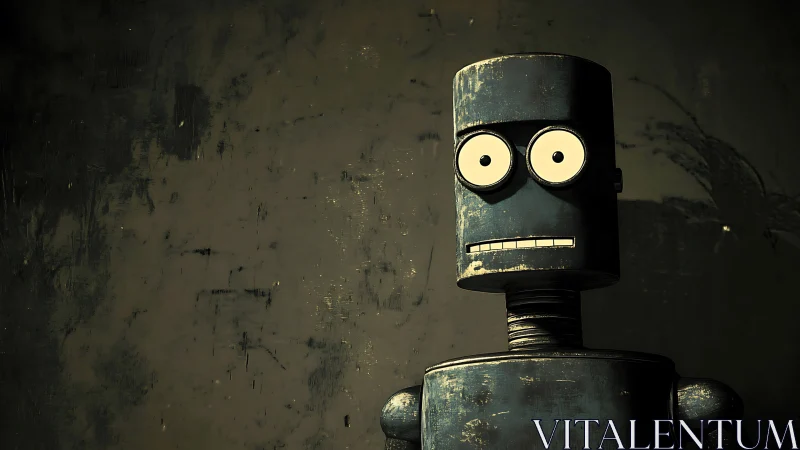 Rustic cylindrical robot against worn textured wall background.