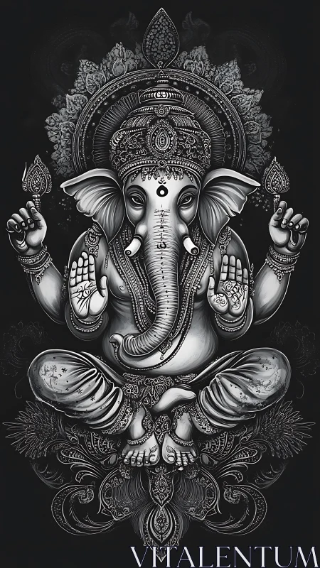 Monochrome ornately detailed seated Ganesha in meditative symmetry