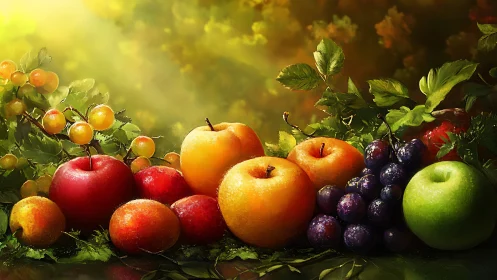 Sunlit still life fruit arrangement under golden foliage.