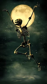 Leaping articulated skeleton silhouetted against luminous full moon