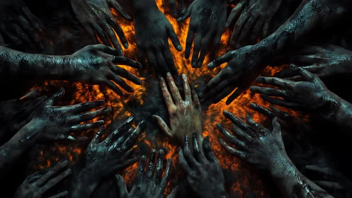 Circle of charred hands reaching toward central burning light