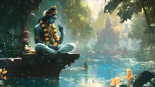 Divine blue deity meditating beside luminous jungle temple.