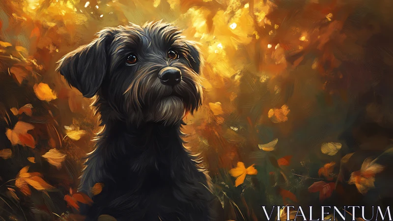 Autumn-lit black dog gazes through swirling golden leaves.