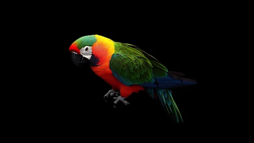 Vibrant Macaw Parrot Portrait on Black Background, Photorealistic Style.