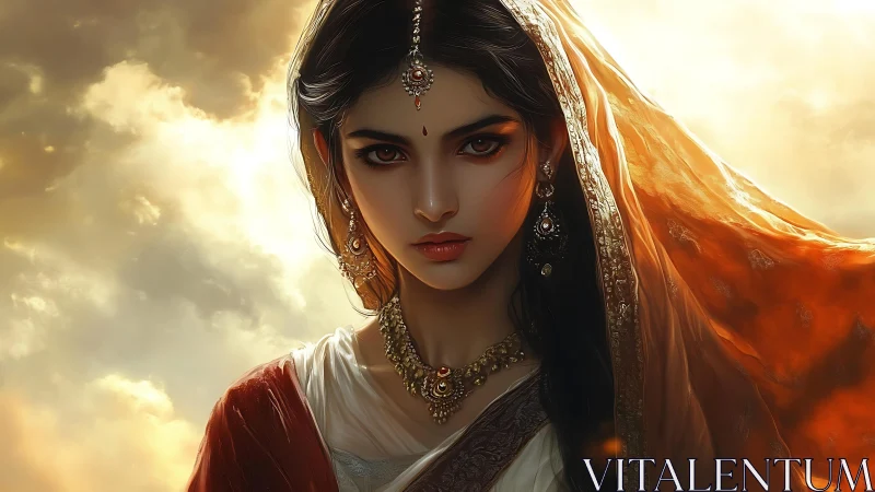 Regal woman in traditional attire stands beneath glowing skies