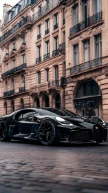 Midnight hypercar prowls luxe Parisian boulevard in gloss black.