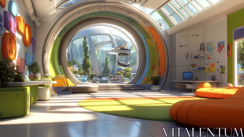 Futuristic interior space with circular portal window and modular seating.