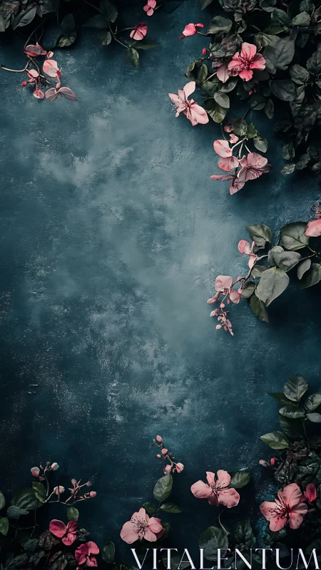 Pink Blooms Dance Against Teal Decay: Moody Floral Reverie.
