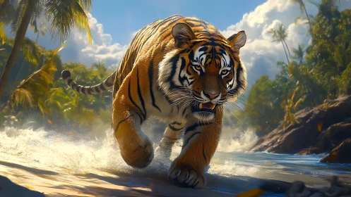 Hyperreal tiger charging through tropical surf in golden light