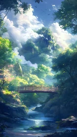 Daydream bridge over whispering river and cloud-kissed peaks.