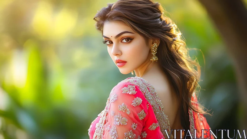 Woman in embroidered pink saree against blurred greenery.