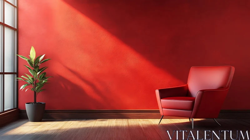 Red armchair and potted plant are placed by a sunlit wall