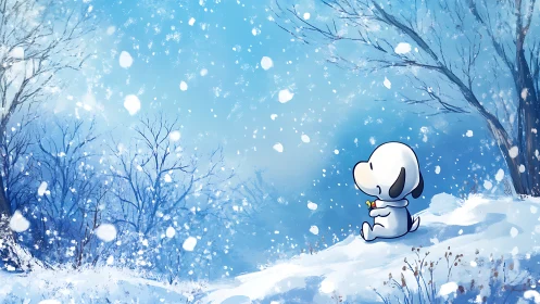 Cartoon puppy contemplates snowfall in blue winter landscape.