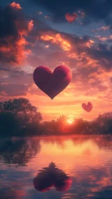 Hearts Against Sunset Sky Over Water.
