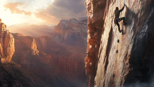 Rock climber ascends sunlit canyon wall at dramatic sunset.