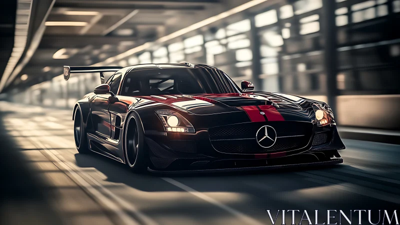 Mercedes race car rendered in motion within tunnel scene.