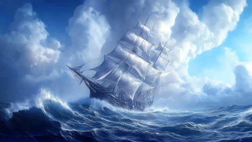 Storm-chasing tall ship carves silver paths through roaring seas.