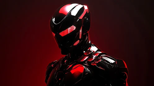 Midnight chrome android glowing in cinematic red light.