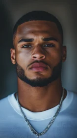 Confident young man with calm gaze and modern silver chain.