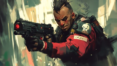 Cyberpunk mercenary with rifle in painted urban firefight.