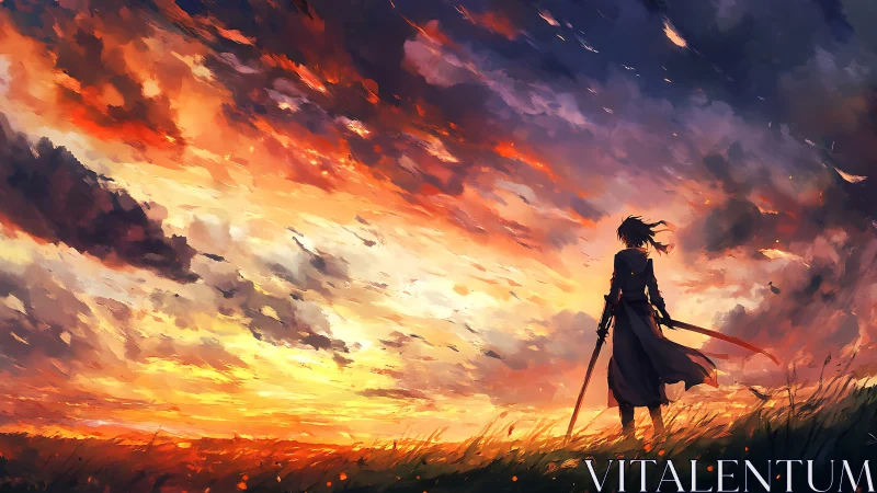Lone swordsman faces blazing sunset sky in open field.