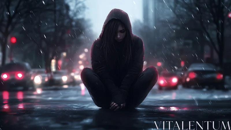 Rain-soaked loner folding silence in neon traffic hush.