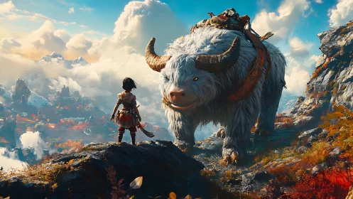 Young wanderer meets gentle mountain beast at sunrise.