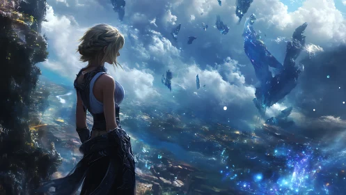 Skyborne wanderer watching shattered heavens drift apart.