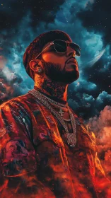 Stylized tattooed man in sunglasses against vivid night sky.