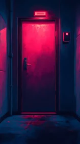 Neon-lit security door glows in a dark, cyber-noir corridor