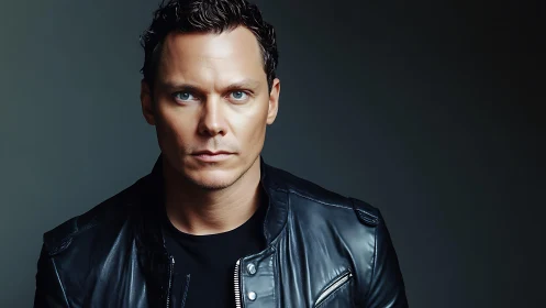 Serious man in black leather jacket against dark backdrop