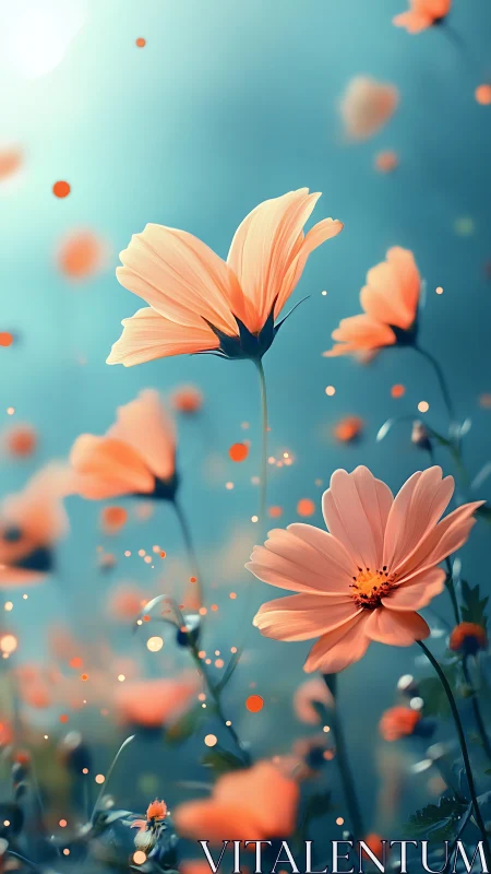 Peach Cosmos Flowers Against Turquoise Sky.