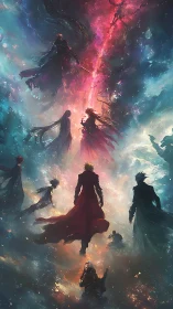 Vertical celestial duel in ethereal anime concept art composition.