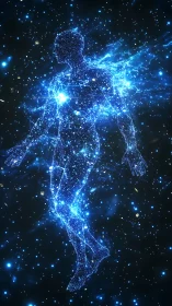 Stellar human silhouette formed from luminous blue particles.
