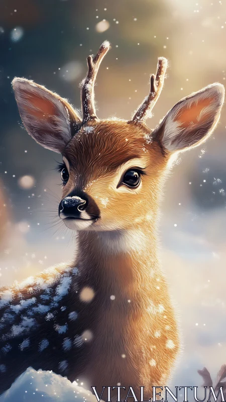 Young deer stands in falling snow with soft winter lighting