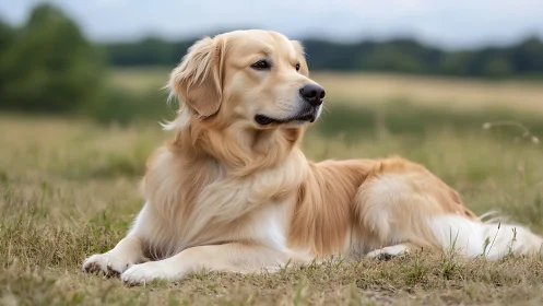 Golden retriever resting in soft-focus countryside field.