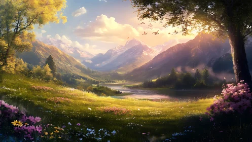 Mountain valley meadow at sunrise with river and flowers.
